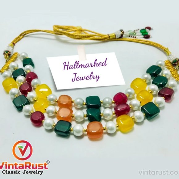 Handcrafted Colorful Stones and Pearls Choker Necklace Beaded Choker Necklace - Picture 5 of 10